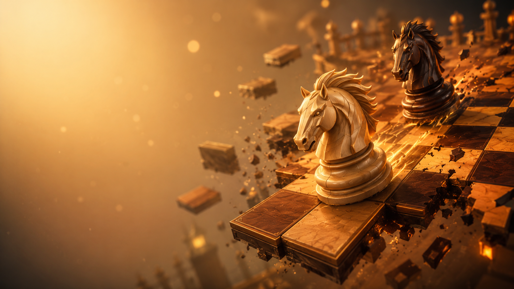 Two knights face off on a chessboard whose tiles break away into the abyss
